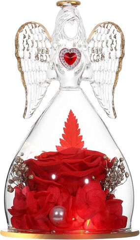 Tiaronics Mothers Day Mom Gifts Angel Gifts Real Rose in Angel Figurines with LED Light and Mom Necklace Aniversary Gifts for Mom Women, Preserved Forever Real Rose Gifts for Her - Red in Saudi Arabia