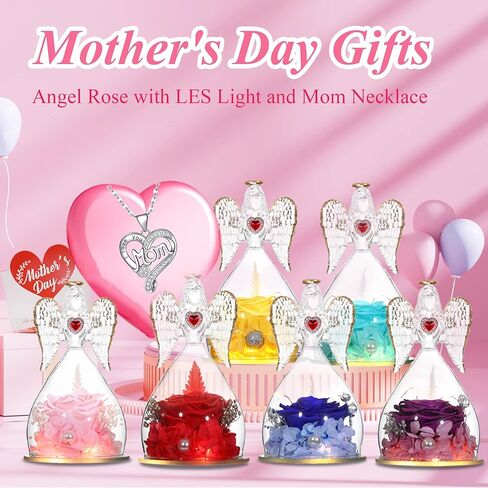Tiaronics Mothers Day Mom Gifts Angel Gifts Real Rose in Angel Figurines with LED Light and Mom Necklace Aniversary Gifts for Mom Women, Preserved Forever Real Rose Gifts for Her - Red in Saudi Arabia