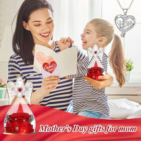Tiaronics Mothers Day Mom Gifts Angel Gifts Real Rose in Angel Figurines with LED Light and Mom Necklace Aniversary Gifts for Mom Women, Preserved Forever Real Rose Gifts for Her - Red in Saudi Arabia