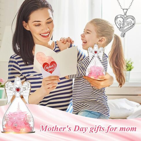 هدايا عيد الأم من تيارونيكس، هدايا الملاك، وردة حقيقية في تماثيل الملاك مع ضوء LED وقلادة أمي، هدايا الذكرى السنوية للأمهات، هدايا الورد الحقيقية المحفوظة إلى الأبد لها - أحمر in Kuwait