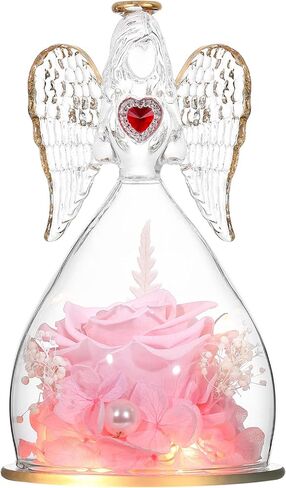 هدايا عيد الأم من تيارونيكس، هدايا الملاك، وردة حقيقية في تماثيل الملاك مع ضوء LED وقلادة أمي، هدايا الذكرى السنوية للأمهات، هدايا الورد الحقيقية المحفوظة إلى الأبد لها - أحمر in Kuwait