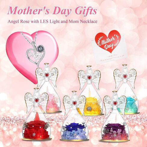 تماثيل Tiaronics Real Rose in Angel مع ضوء LED وقلادة للأم للأمهات، وردة محفوظة للأبد كهدية عيد ميلاد عيد الحب - وردي in Kuwait