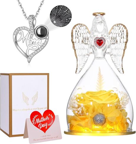 تماثيل Tiaronics Real Rose in Angel مع ضوء LED وقلادة للأم للأمهات، وردة محفوظة للأبد كهدية عيد ميلاد عيد الحب - وردي in Kuwait