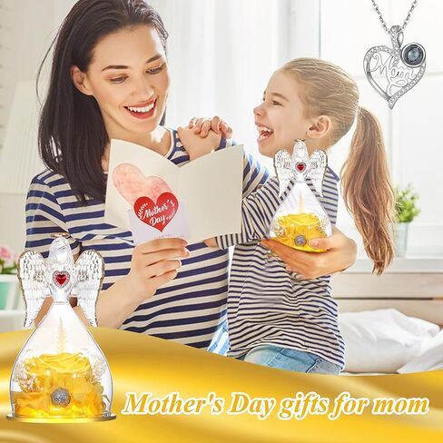 تماثيل Tiaronics Real Rose in Angel مع ضوء LED وقلادة للأم للأمهات، وردة محفوظة للأبد كهدية عيد ميلاد عيد الحب - وردي in Kuwait