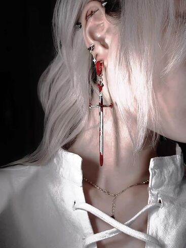 Gothic Vampire Bite Marks Dracula's Kiss, Dripping Blood Imitation Necklaces, Multiply Layer Artificial Witch Pearl Choker, Bloody Punk Costume for Women Girls Halloween Party (Sword earrings) in Saudi Arabia