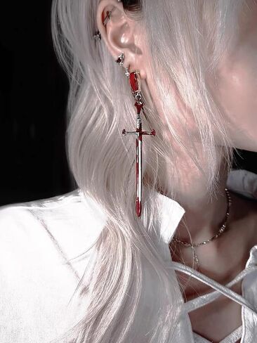 Gothic Vampire Bite Marks Dracula's Kiss, Dripping Blood Imitation Necklaces, Multiply Layer Artificial Witch Pearl Choker, Bloody Punk Costume for Women Girls Halloween Party (Sword earrings) in Saudi Arabia