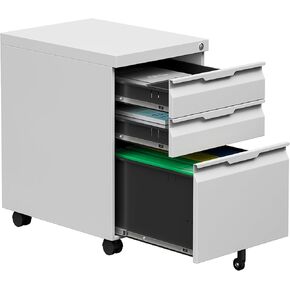 Mobile File Cabinet for Home Office, 3-Drawer Under Desk Filing Cabinet with Lock, Vertical Metal Storage Cabinet On Wheels for Legal/Letter/A4 Files(3 Drawer,White) in Kuwait