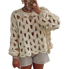 LETSVDO Women's Crochet Hollow Out Sweater Long Sleeve Crewneck Mesh Knit Pullover Tops Casual Beach Vacation Cover Ups in Kuwait