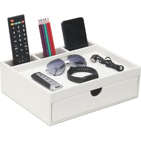 منظم مكتب جلدي مع أدراج، ومستحضرات التجميل المنزلية ومنظم التحكم عن بعد للهاتف، ودرج بالإضافة إلى مقسم وصينية (أبيض) in Kuwait