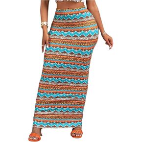 SHENHE Women's Boho Long Skirts Vintage High Waisted Beach Vacation Summer Bodycon Maxi Skirt in Kuwait