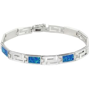 Women's Blue Cultured Opal Greek Key Link Bracelet | Adjustable Silver Plated Geometric Chain Jewelry Gift for Her in Saudi Arabia