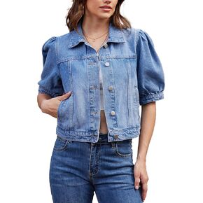 andy & natalie Women's Jean Jacket Cropped Short Puff Sleeve Trendy Denim Jackets with Pockets in Kuwait