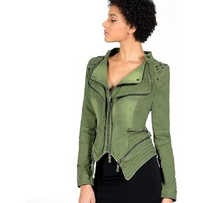 معطف خلفي كلاسيكي للسيدات من Fashion SX، سترة من الدنيم ذات شكل عصري، مرصعة ببدلة ركوب الدراجات النارية in Kuwait