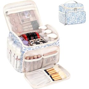 حقيبة مكياج CUBETASTIC كبيرة الحجم، حقيبة مكياج للسفر للنساء مع أقسام قابلة للإزالة وجيوب متعددة، وحقيبة مستحضرات تجميل للتخزين الرأسي وحقيبة أدوات الزينة (أزرق زهري، كبيرة) in Kuwait