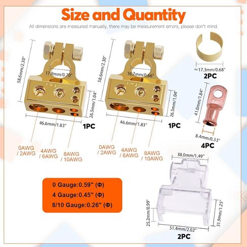 1 Pair 0/4/8/10 Gauge AWG Positive Negative Car Battery Terminal Connectors with 2 Clear Covers and Shims for Car Auto Caravan Marine Boat Motorhome (Gold) in Saudi Arabia