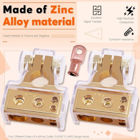 1 Pair 0/4/8/10 Gauge AWG Positive Negative Car Battery Terminal Connectors with 2 Clear Covers and Shims for Car Auto Caravan Marine Boat Motorhome (Gold) in Saudi Arabia