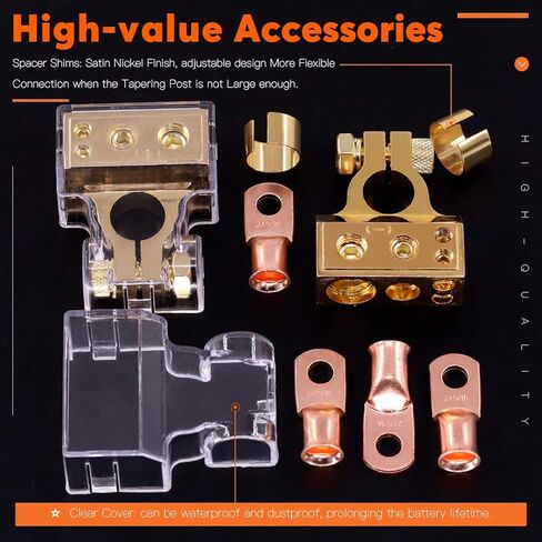 1 Pair 0/4/8/10 Gauge AWG Positive Negative Car Battery Terminal Connectors with 2 Clear Covers and Shims for Car Auto Caravan Marine Boat Motorhome (Gold) in Saudi Arabia