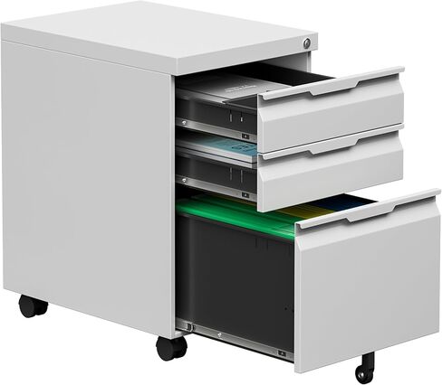 Mobile File Cabinet for Home Office, 3-Drawer Under Desk Filing Cabinet with Lock, Vertical Metal Storage Cabinet On Wheels for Legal/Letter/A4 Files(3 Drawer,White) in Kuwait