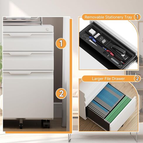 Mobile File Cabinet for Home Office, 3-Drawer Under Desk Filing Cabinet with Lock, Vertical Metal Storage Cabinet On Wheels for Legal/Letter/A4 Files(3 Drawer,White) in Kuwait