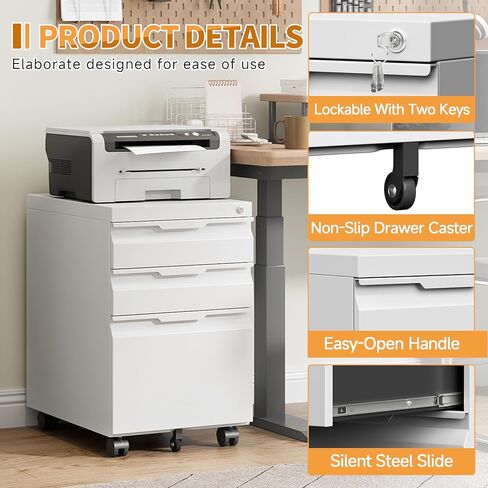 Mobile File Cabinet for Home Office, 3-Drawer Under Desk Filing Cabinet with Lock, Vertical Metal Storage Cabinet On Wheels for Legal/Letter/A4 Files(3 Drawer,White) in Kuwait