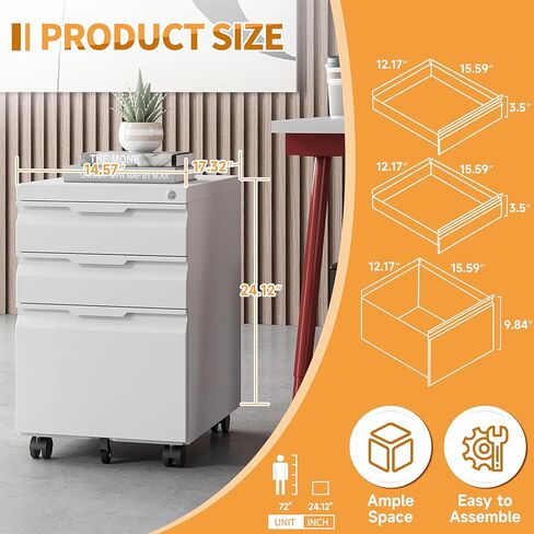 Mobile File Cabinet for Home Office, 3-Drawer Under Desk Filing Cabinet with Lock, Vertical Metal Storage Cabinet On Wheels for Legal/Letter/A4 Files(3 Drawer,White) in Kuwait