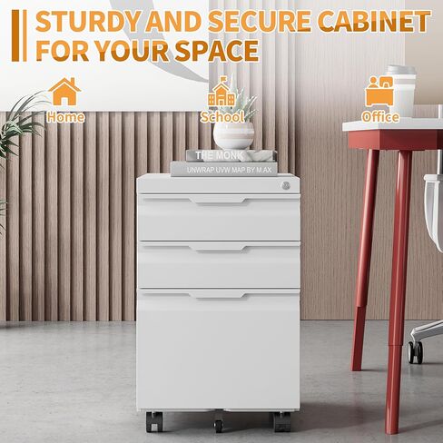 خزانة ملفات متنقلة للمكتب المنزلي، خزانة ملفات ذات 3 أدراج أسفل المكتب مع قفل، خزانة تخزين معدنية عمودية على عجلات للملفات القانونية/الحروف/A4 (3 أدراج، أبيض) in Kuwait