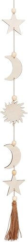 CREATCABIN Moon Star Wall Hanging Decor Wooden Bohemian Wall Art Decorations Moon Garland Ornaments Pendant with Wheat Tassel Beads for Home Bedroom Living Room Dorm Nursery Apartment Office 30.3inch in Saudi Arabia