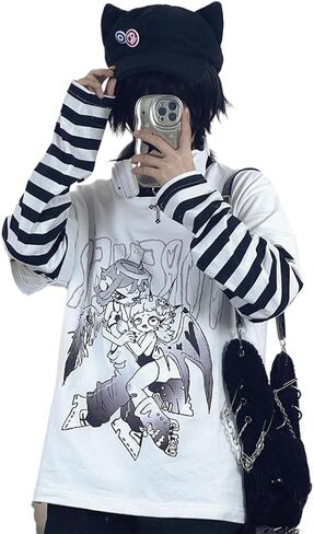 Y2k Aesthetic Grunge Women Gothic Striped Harajuku Long Sleeves T-Shirt Tee Top in Saudi Arabia