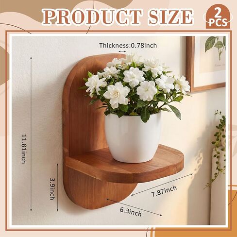 2 Pack Wooden Wall Mounted Plant Holder, Wall Hanging Plant Holders for Indoor Plants Flower Pot Hanging Shelves for Bedroom Living Room Porch Balcony Outdoor Decor in Saudi Arabia