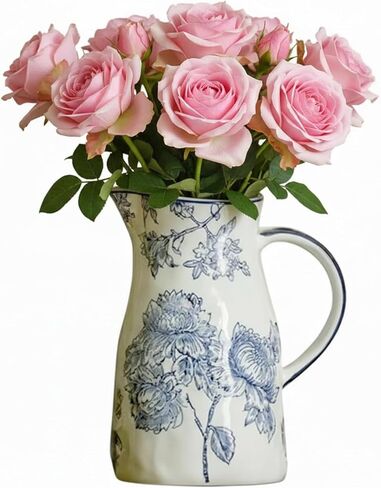 Ceramic Blue and White Vase with Handle, Decorative Chinoiserie Flower Vase, Vintage Floral Blue Vase, Large Blue and White Porcelain Jar Vase for Living Room Bookshelf Office Home Decoration in Saudi Arabia