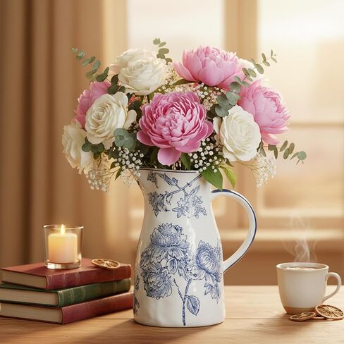 Ceramic Blue and White Vase with Handle, Decorative Chinoiserie Flower Vase, Vintage Floral Blue Vase, Large Blue and White Porcelain Jar Vase for Living Room Bookshelf Office Home Decoration in Saudi Arabia