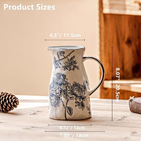 Ceramic Blue and White Vase with Handle, Decorative Chinoiserie Flower Vase, Vintage Floral Blue Vase, Large Blue and White Porcelain Jar Vase for Living Room Bookshelf Office Home Decoration in Saudi Arabia