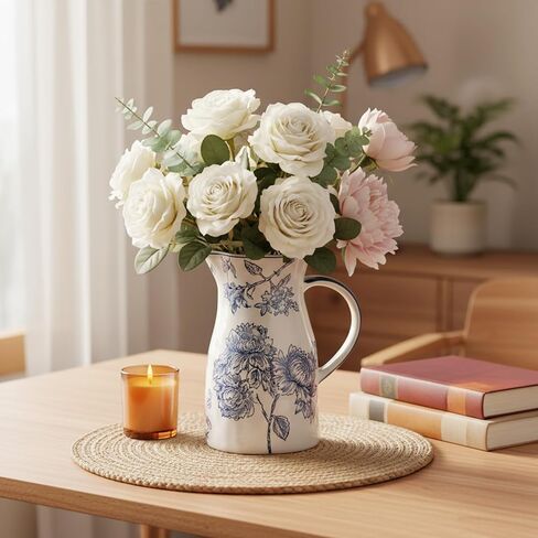 Ceramic Blue and White Vase with Handle, Decorative Chinoiserie Flower Vase, Vintage Floral Blue Vase, Large Blue and White Porcelain Jar Vase for Living Room Bookshelf Office Home Decoration in Saudi Arabia