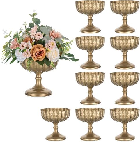 Sziqiqi Gold Urn Vase for Wedding: 7.9in Brass Centrepieces Distressed Compote Vases for Table Decorations - Set of 2 Metal Flower Arrangement for Floral - Pedestal Bowl Decor for Party Anniversary in Saudi Arabia
