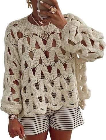 LETSVDO Women's Crochet Hollow Out Sweater Long Sleeve Crewneck Mesh Knit Pullover Tops Casual Beach Vacation Cover Ups in Kuwait