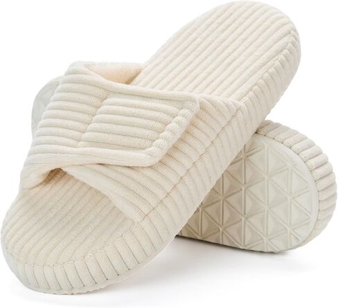 Women's Adjustable Corduroy Slippers - Memory Foam Open-Toe House Shoes - Supportive Non-Slip Footwear for Bedroom, Travel in Saudi Arabia