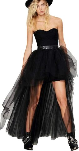 Womens High-Low Tulle Skirt with Built-in Slip, Layered Mesh Tutu, Elastic High Waist Floor-Length for Prom, 41.3 Inch in Saudi Arabia