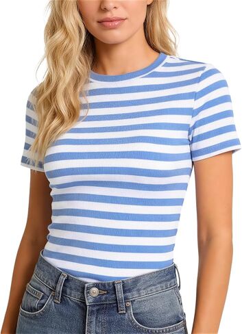 Striped Shirt Women Short Sleeve, Crew Neck T Shirts for Women Stripe, Fitted Ribbed Tee Stretchy in Kuwait