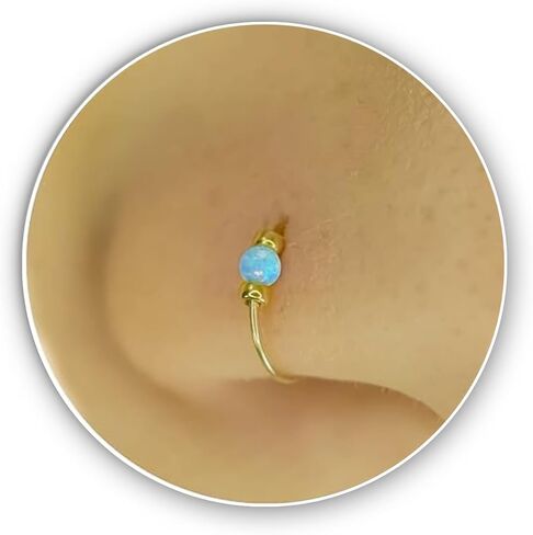 Fake Gold Nose Ring Blue Opal For Woman – 14K Gold Filled 24G 8mm Fake Nose Hoop Piercing – 2mm Opal 1mm Gold Beads – Birthday Mother's Day Anniversary Gift in Kuwait