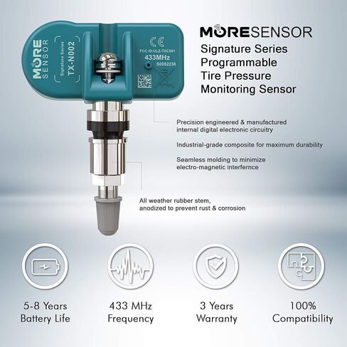 سلسلة MORESENSOR Signature 433 ميجا هرتز TPMS مستشعر ضغط الإطارات 4 عبوات | مبرمجة مسبقًا لاختيار 6 نماذج من العلامات التجارية الأوروبية | بديل لـ 3AA907275 | المشبك | NX-S071-4 in Saudi Arabia