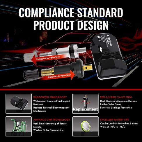 433Mhz Tire Pressure Monitoring System Sensor fit for Dodge Ram 1500 2019-2025, Ram 4000 2019-2024, Jeep Wagoneer 2019-2022, 4PCS TPMS Sensor Replaces 68293199AA - 4 Replaceable Valve Stems in Kuwait