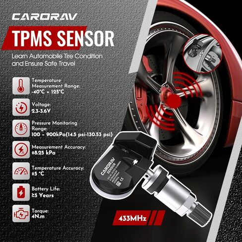 433Mhz Tire Pressure Monitoring System Sensor fit for Dodge Ram 1500 2019-2025, Ram 4000 2019-2024, Jeep Wagoneer 2019-2022, 4PCS TPMS Sensor Replaces 68293199AA - 4 Replaceable Valve Stems in Kuwait