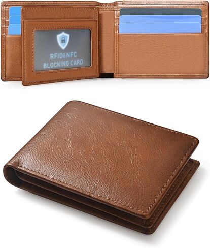 محفظة رجالية من الجلد الطبيعي مزودة بتقنية تحديد الهوية بموجات الراديو (RFID) بتصميم نحيف مع نافذة لبطاقة الهوية و11 فتحة لبطاقة الائتمان وجيب للنقود (بني) in Kuwait