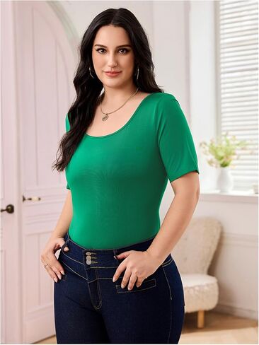 OYOANGLE Women's Plus Size Basic Short Sleeve Bodysuit Scoop Neck T Shirts Bodysuit Dark Green 3XL in Kuwait