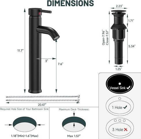 صنبور حمام أسود غير لامع بفتحة واحدة ومقبض واحد مع استنزاف منبثق مع مهوية الفائض، صنبور حمام، حوض سطح السفينة، صنابير تجارية حديثة، خلاط صنبور العرض، خرطوم خالٍ من الرصاص in Kuwait