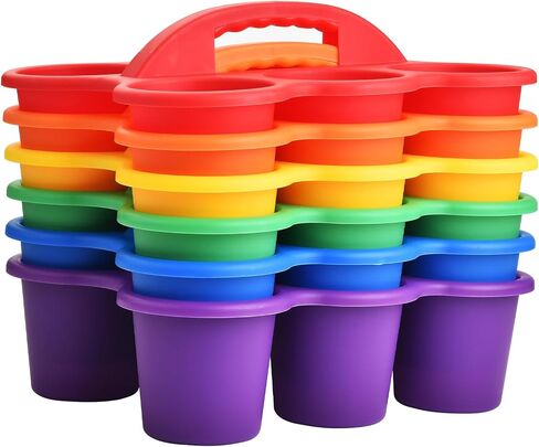 4 Pack Classroom Caddy Storage Basket with Handle, Plastic Drink Cup Caddy Holder, 6 Compartments for Kids, Table, Office, Arts, Crafts, Crayon, Marker, Pencil, School Supplies - Assorted Colors in Kuwait