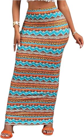 SHENHE Women's Boho Long Skirts Vintage High Waisted Beach Vacation Summer Bodycon Maxi Skirt in Kuwait