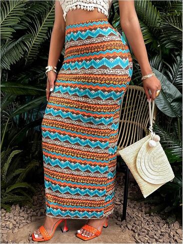 SHENHE Women's Boho Long Skirts Vintage High Waisted Beach Vacation Summer Bodycon Maxi Skirt in Saudi Arabia