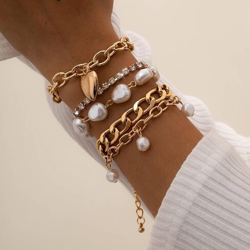 Punk Layered Heart Bracelets Boho Baroque Pearl Chain Bangle Chunky Cuban Chain Bracelet Stackable Jewelry Accessories for Women in Saudi Arabia