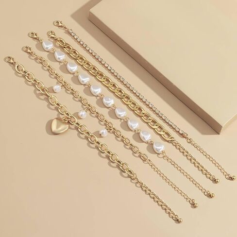 Punk Layered Heart Bracelets Boho Baroque Pearl Chain Bangle Chunky Cuban Chain Bracelet Stackable Jewelry Accessories for Women in Saudi Arabia